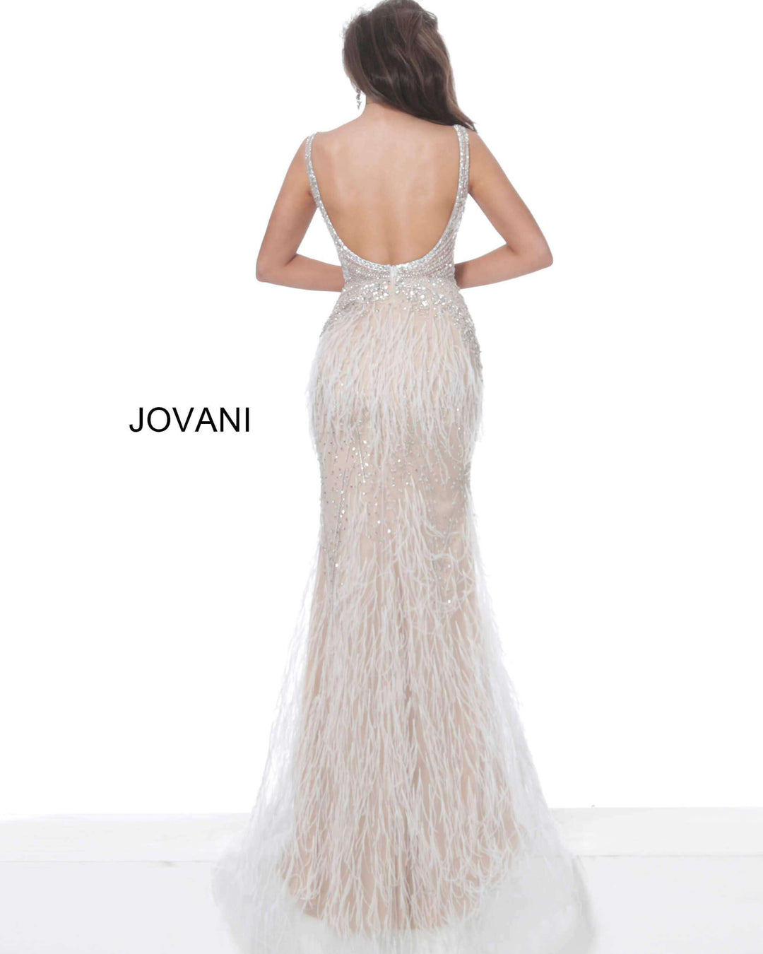 Sheer Embellished Bodice Feather Prom Dress Jovani 03023 - Morvarieds Fashion