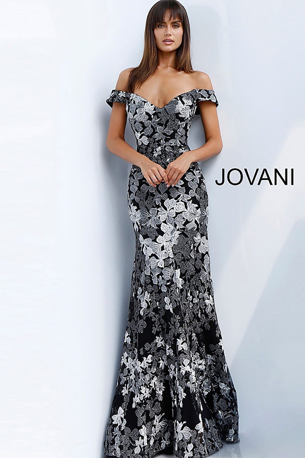 Black Grey Floral Embroidered Off the Shoulder Evening Dress Jovani 61380 - Morvarieds Fashion