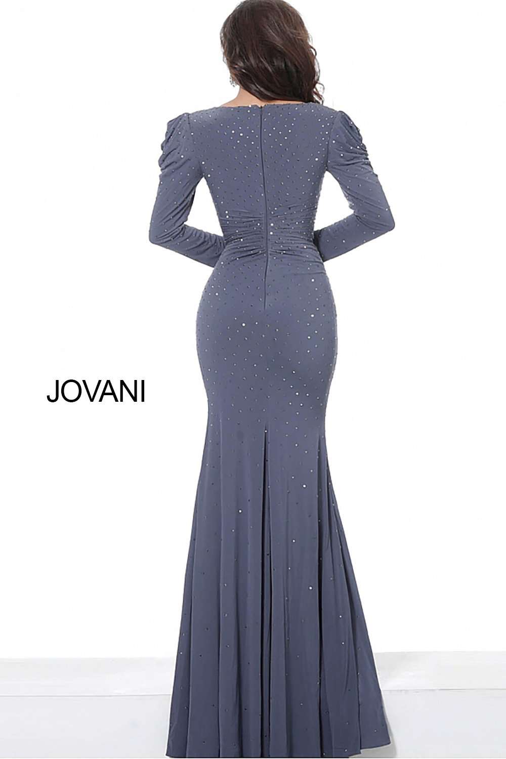 Gunmetal Puff Sleeves Embellished Evening Dress Jovani 4068 - Morvarieds Fashion