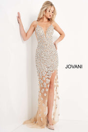 Nude Beaded High Slit Prom Dress Jovani 02492 - Morvarieds Fashion