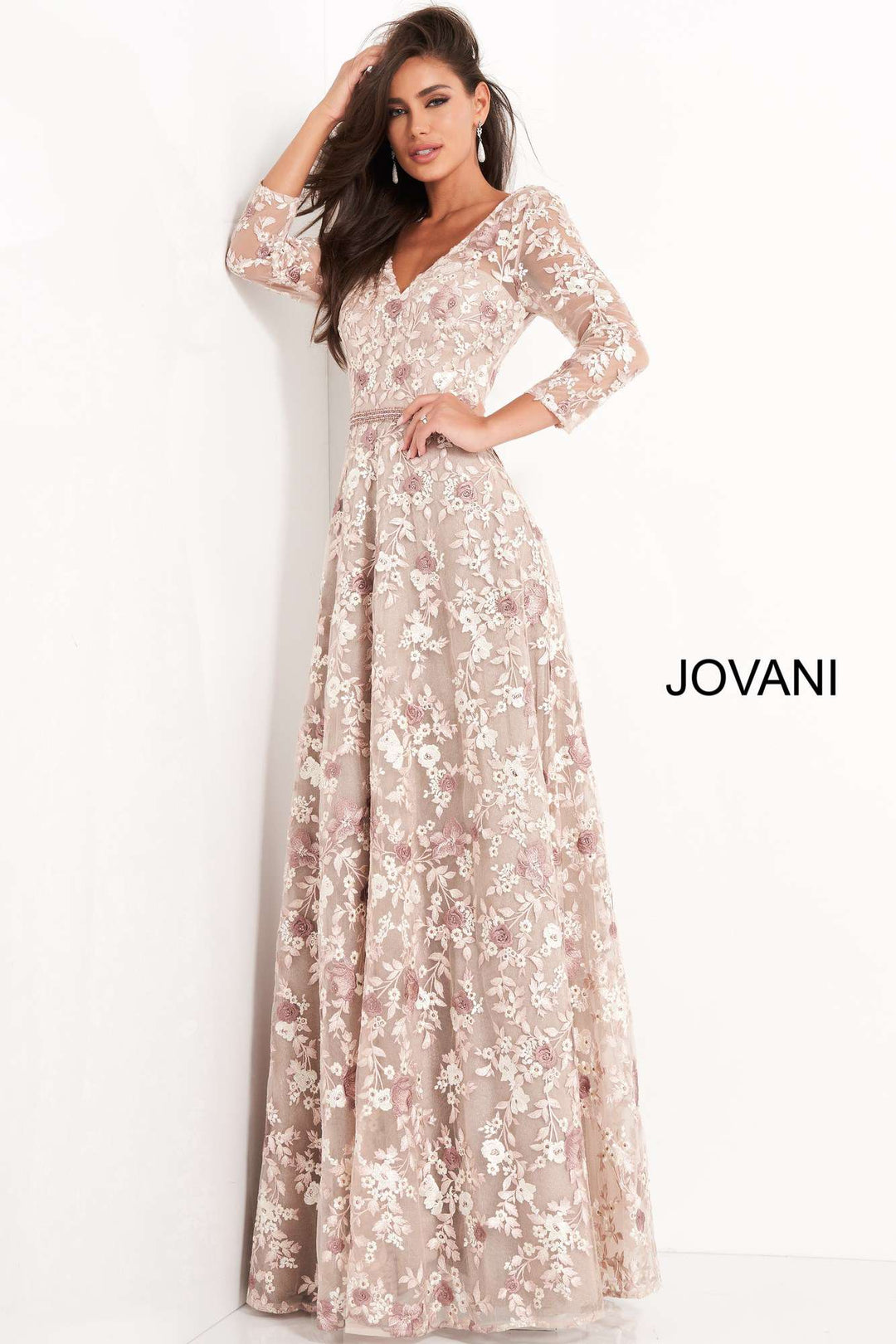 Pink Floral Embroidered V Neck Evening Dress Jovani 04451 - Morvarieds Fashion