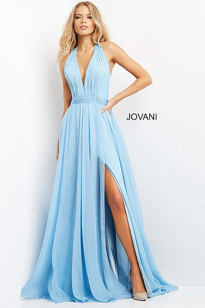 Light Blue Halter V Neck Chiffon Prom Dress Jovani 08682