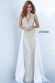 Nude Off White Halter Neck Embellished Dress Jovani 3698 - Morvarieds Fashion