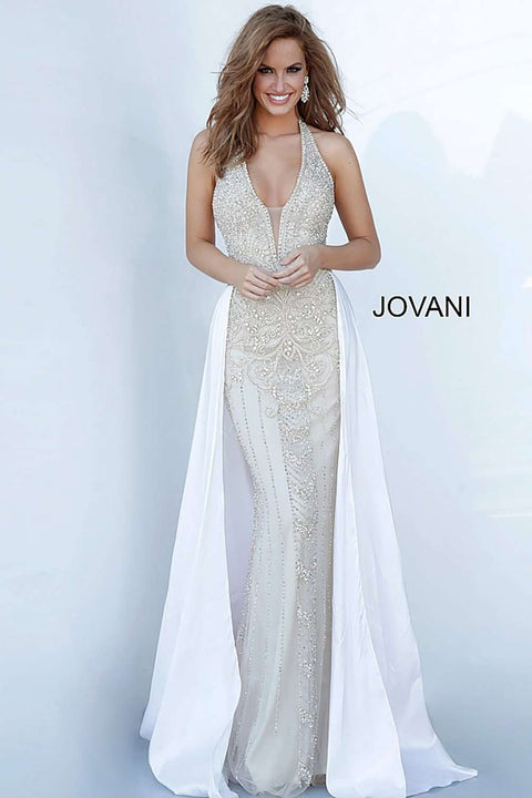 Nude Off White Halter Neck Embellished Dress Jovani 3698 - Morvarieds Fashion