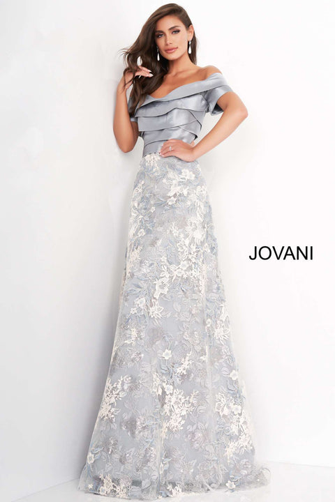 Grey Multi A Line Short Sleeve Evening Dress Jovani 02921 - Morvarieds Fashion
