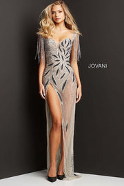 Nude Gunmetal Plunging Neck Beaded Prom Gown Jovani 07031 - Morvarieds Fashion