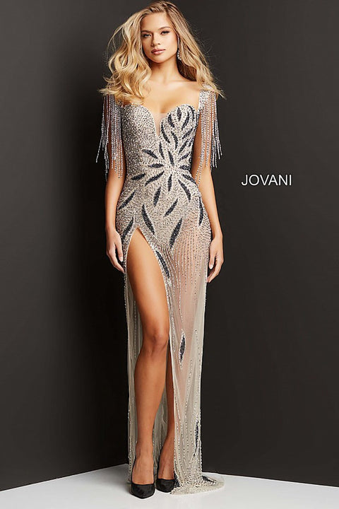 Nude Gunmetal Plunging Neck Beaded Prom Gown Jovani 07031 - Morvarieds Fashion