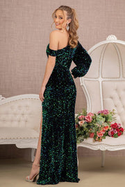 Sequin Asymmetric Velvet Mermaid One Long Puff Sleeve Elizabeth K Dress GL3159 - Morvarieds Fashion