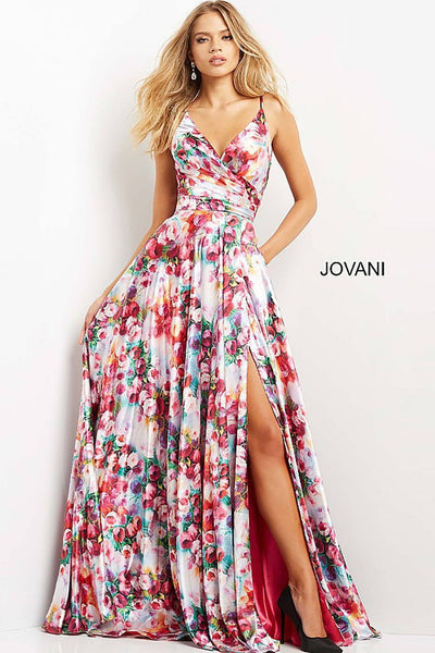 Print V Neck Tie Back Maxi Prom Gown Jovani 09029 - Morvarieds Fashion