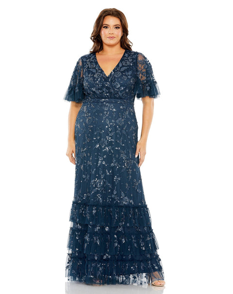 Sequin Embellished Flutter Sleeve Faux Wrap V Neck Tiered Gown | Mac Duggal 9270 - Morvarieds Fashion
