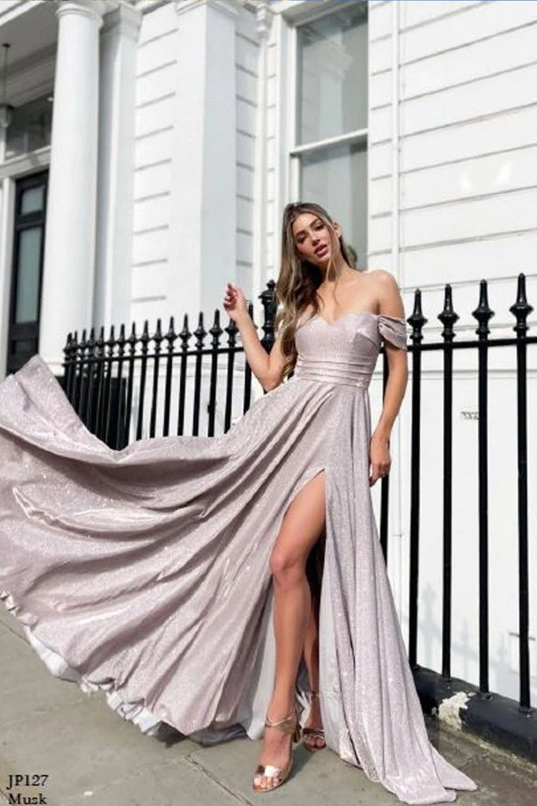 Off the Shoulder Glitter Ball Gown with Leg Slit | Jadore Dress JP127 - Morvarieds Fashion