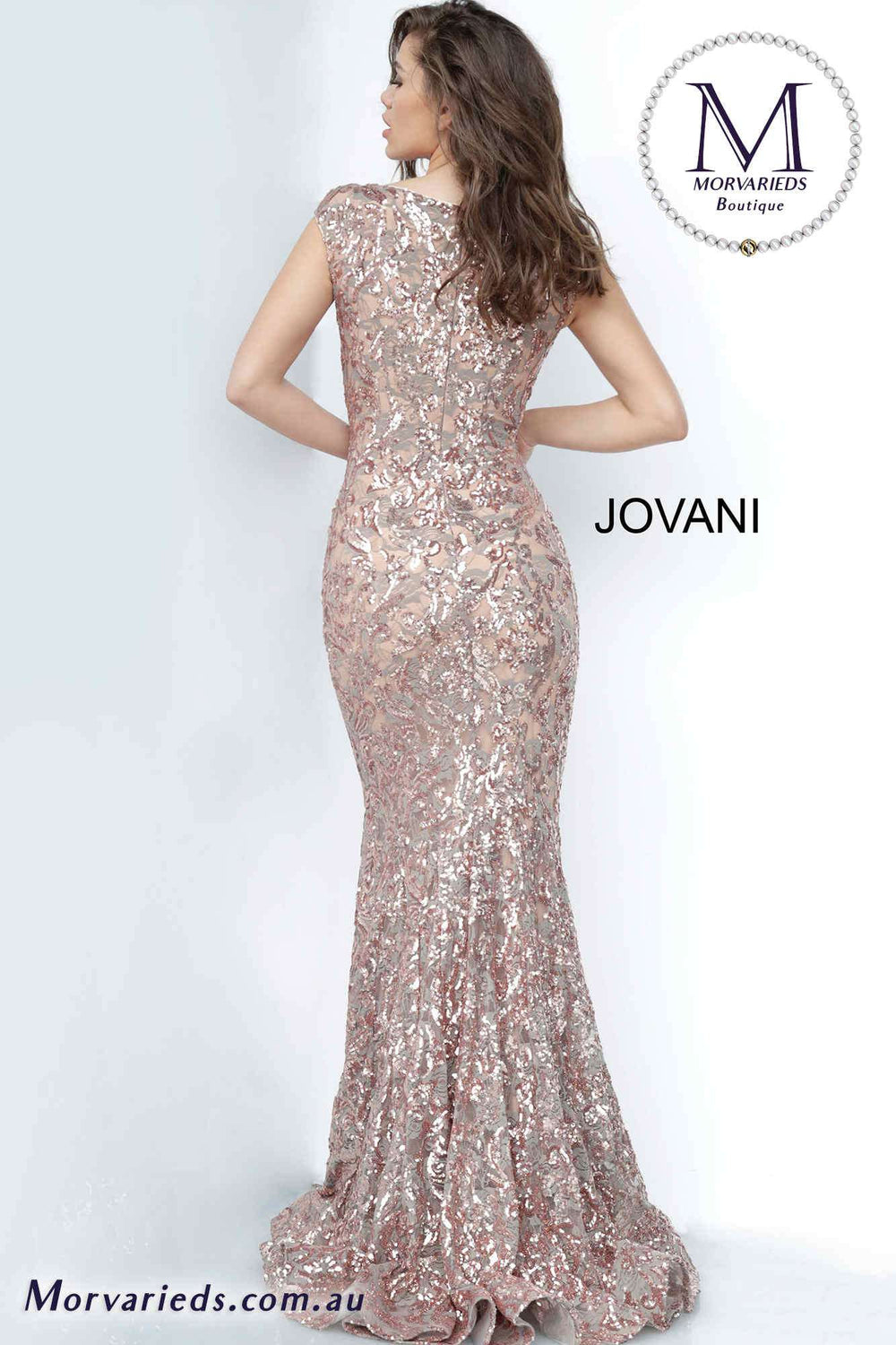 Copper Long lace Boat Neck Evening Dress Jovani 1123 - Morvarieds Fashion