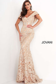 Gold Lace V Neck Evening Gown Jovani 02923 - Morvarieds Fashion