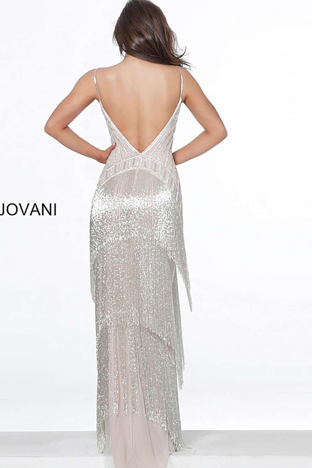 Silver Nude Fringe Plunging Neck Dress Jovani 8101 - Morvarieds Fashion