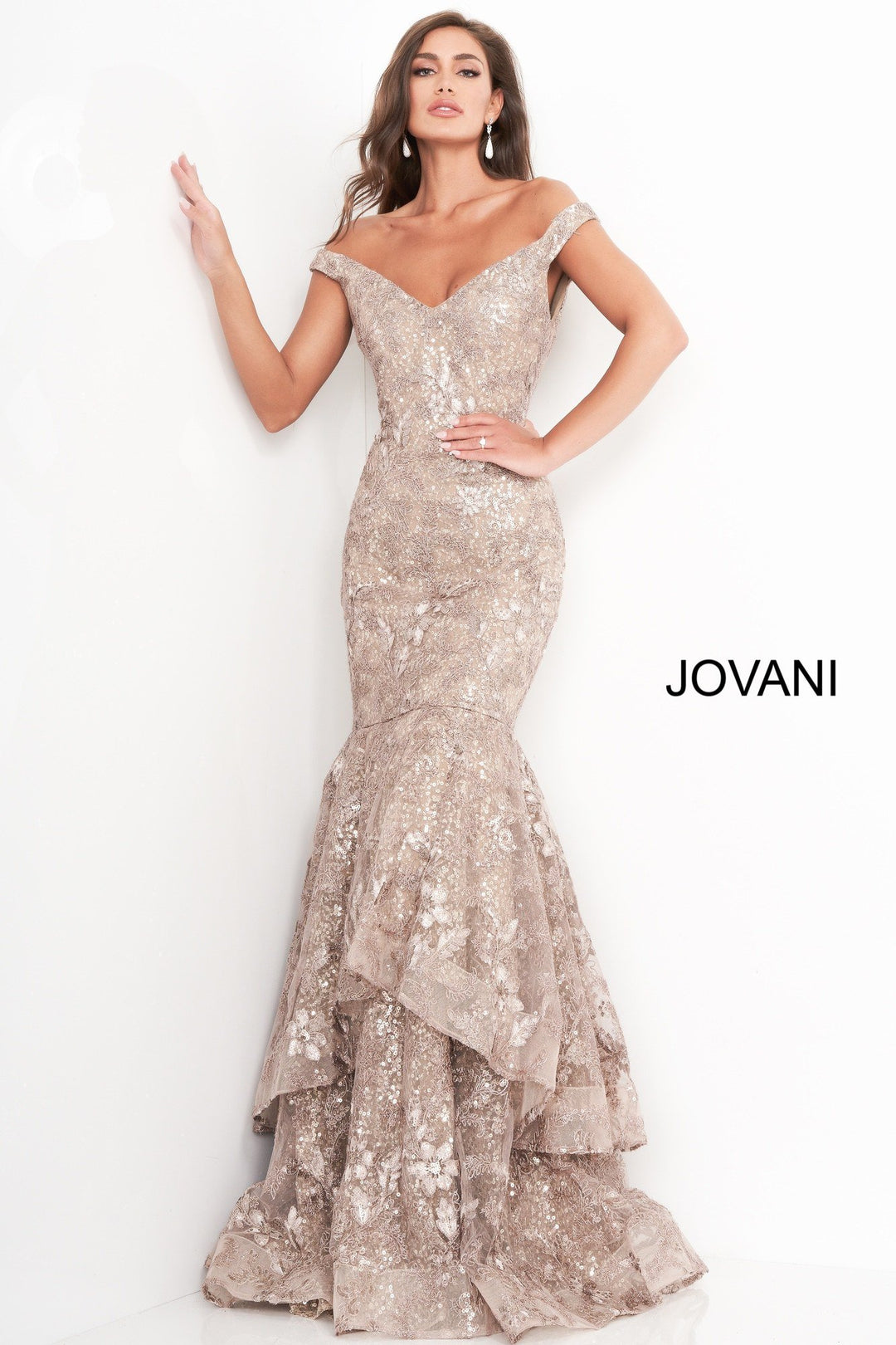 Taupe Off the Shoulder Mermaid Evening Dress Jovani 03264 - Morvarieds Fashion