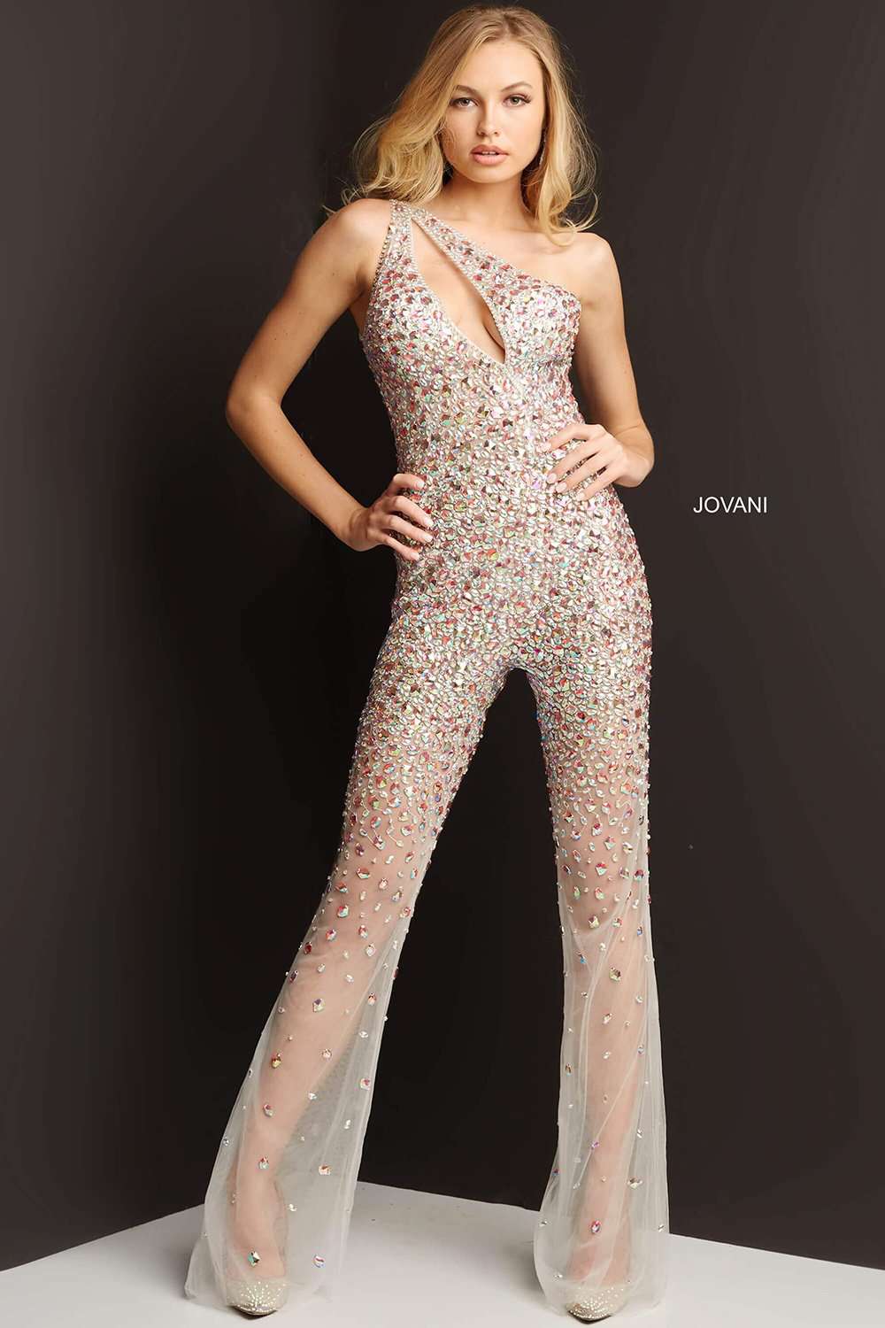 Off White One Shoulder Illusion Jumpsuit Prom Dress Jovani 07079 - Morvarieds Fashion