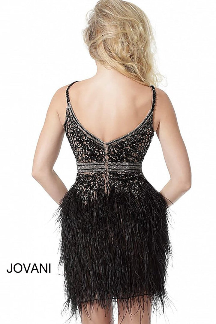 Plunging Neck Feather Skirt Cocktail Dress Jovani 64266 - Morvarieds Fashion