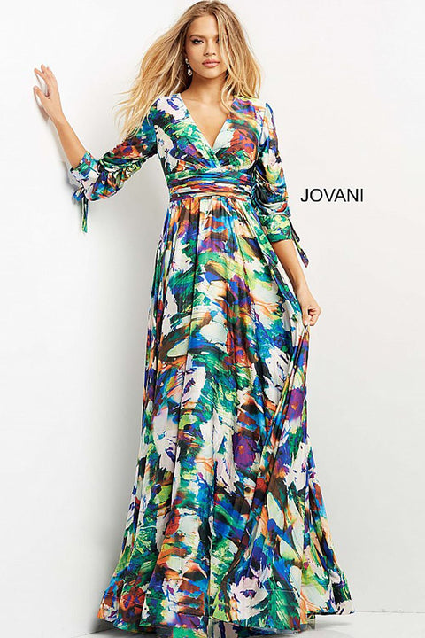 Print V Neck Three Quarter Sleeve Prom Gown Jovani 08584 - Morvarieds Fashion