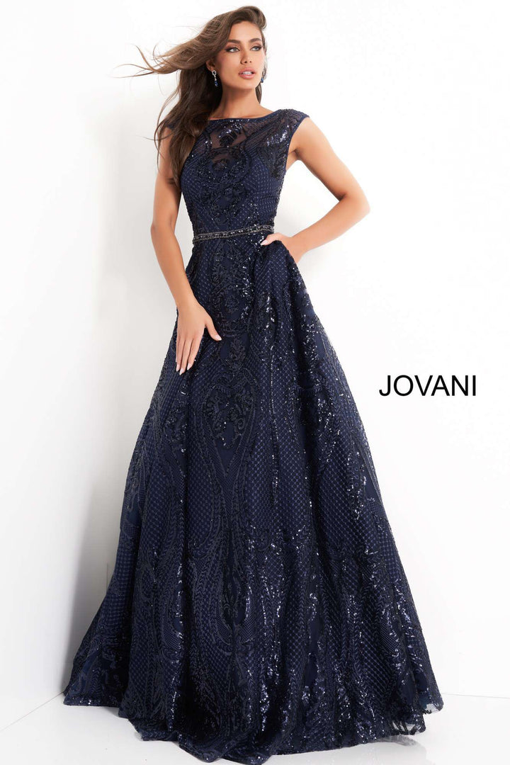 Navy Embellished A Line Evening Gown Jovani 02514 - Morvarieds Fashion