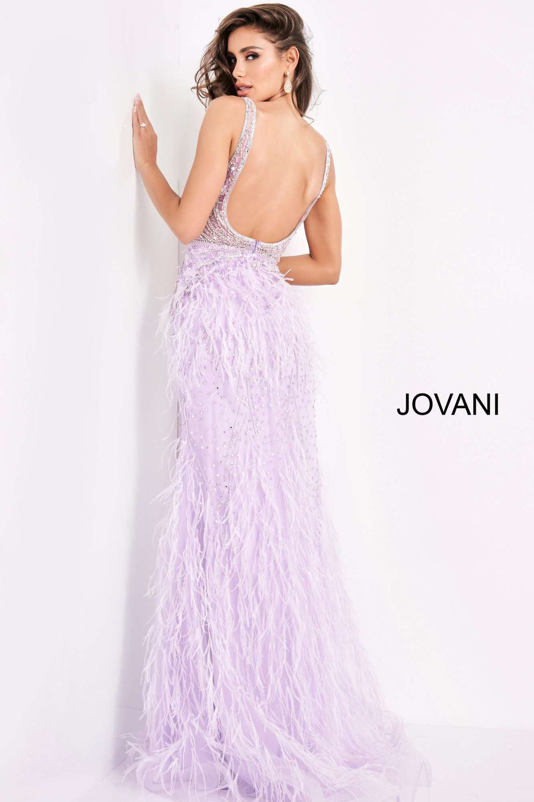 Sheer Embellished Bodice Feather Prom Dress Jovani 03023 - Morvarieds Fashion
