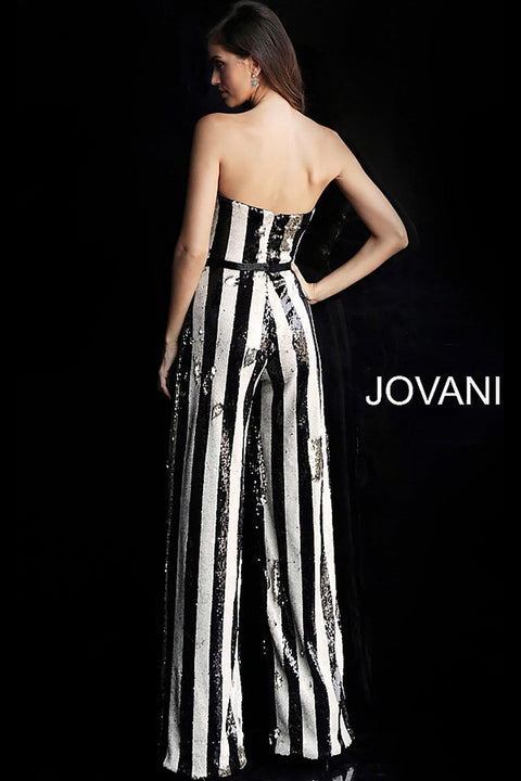 Black White Sequin Strapless Prom Jumpsuit Dress Jovani 65397 - Morvarieds Fashion
