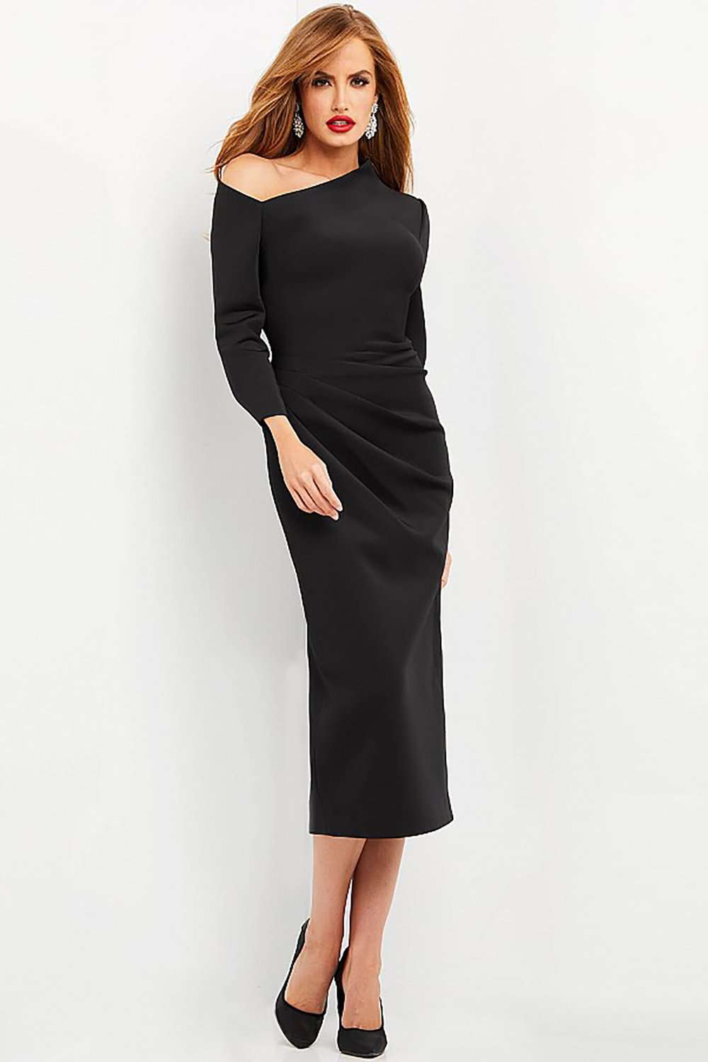 Scuba Long Sleeve Tea Length Dress Jovani 06613 - Morvarieds Fashion