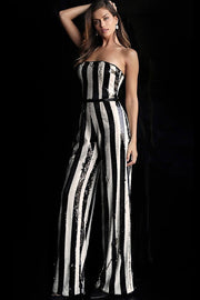 Black White Sequin Strapless Prom Jumpsuit Dress Jovani 65397 - Morvarieds Fashion