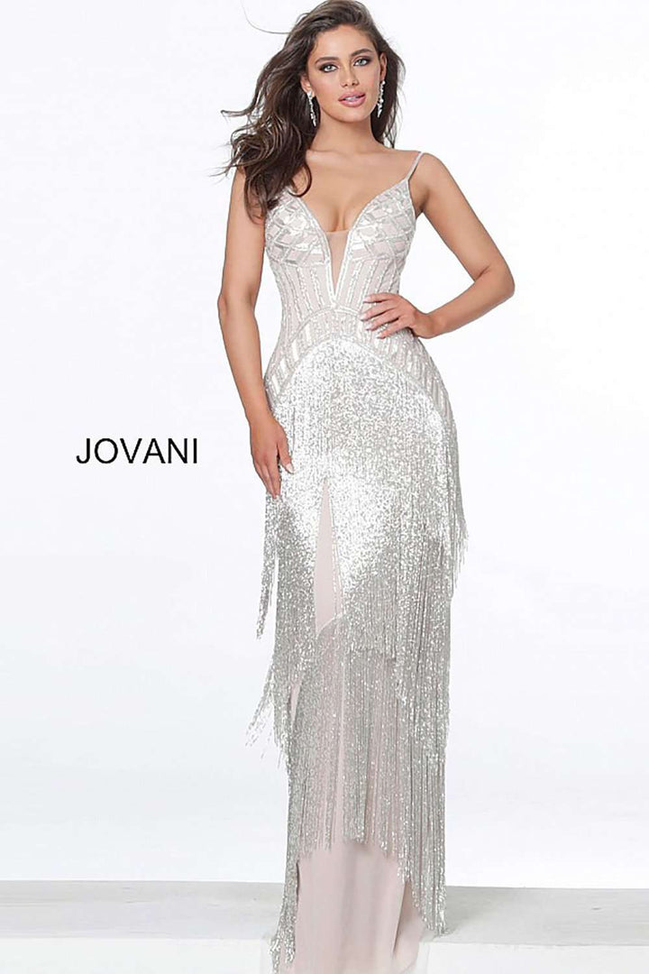 Silver Nude Fringe Plunging Neck Dress Jovani 8101 - Morvarieds Fashion