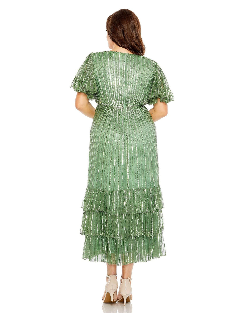 Beaded Faux Wrap Flutter Sleeve Ruffle Dress | Mac Duggal 5785 - Morvarieds Fashion