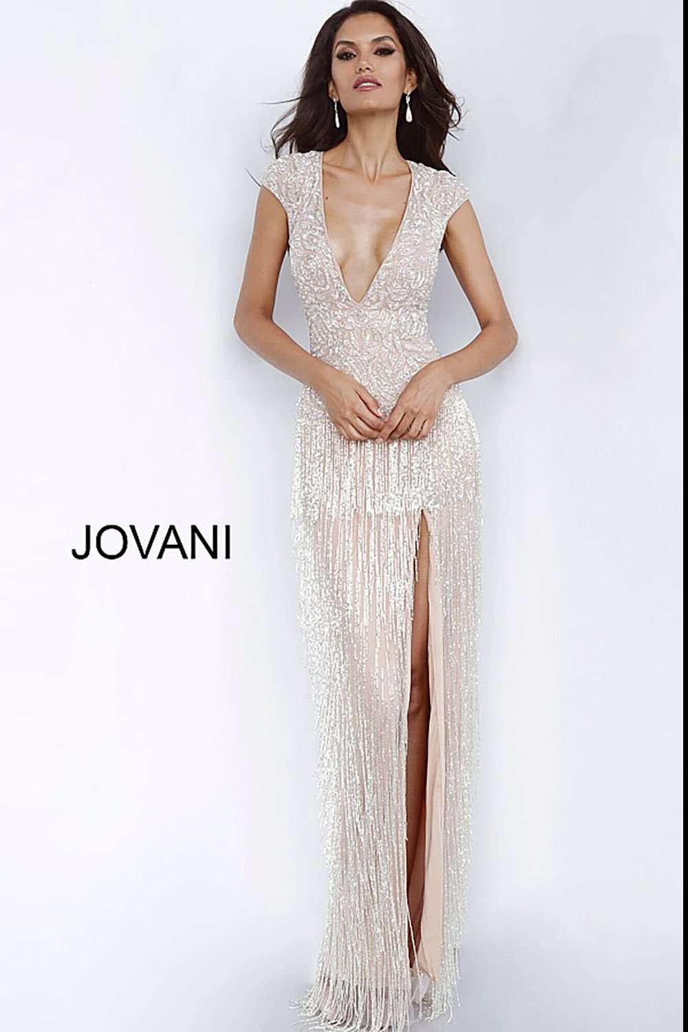 Nude High Slit Fringe Skirt Evening Dress Jovani 68792 - Morvarieds Fashion