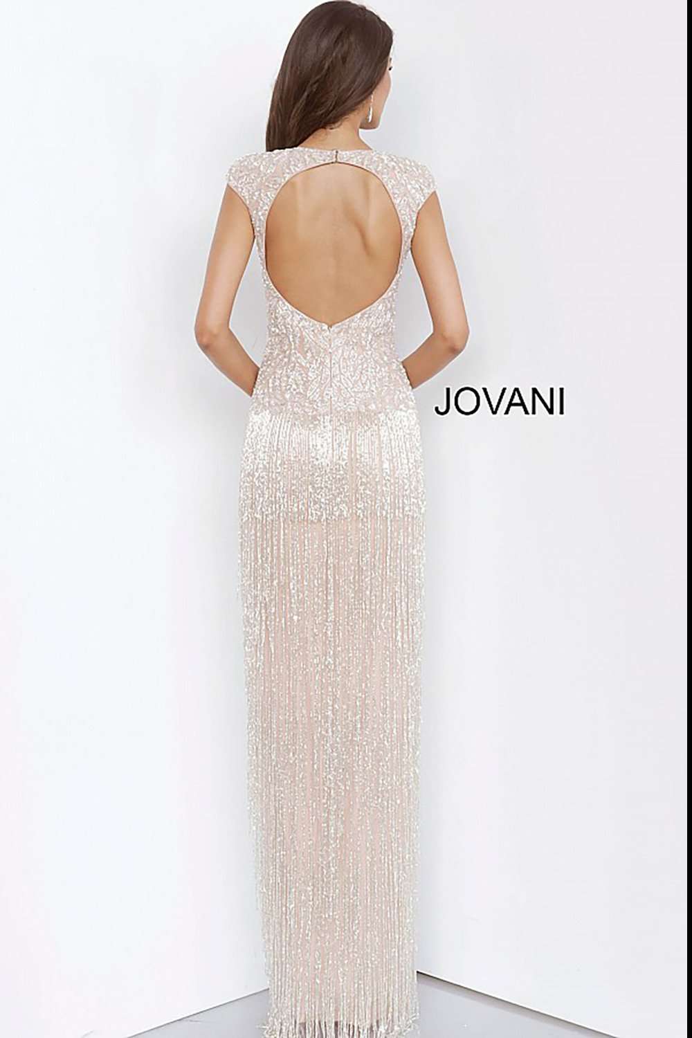 Nude High Slit Fringe Skirt Evening Dress Jovani 68792 - Morvarieds Fashion