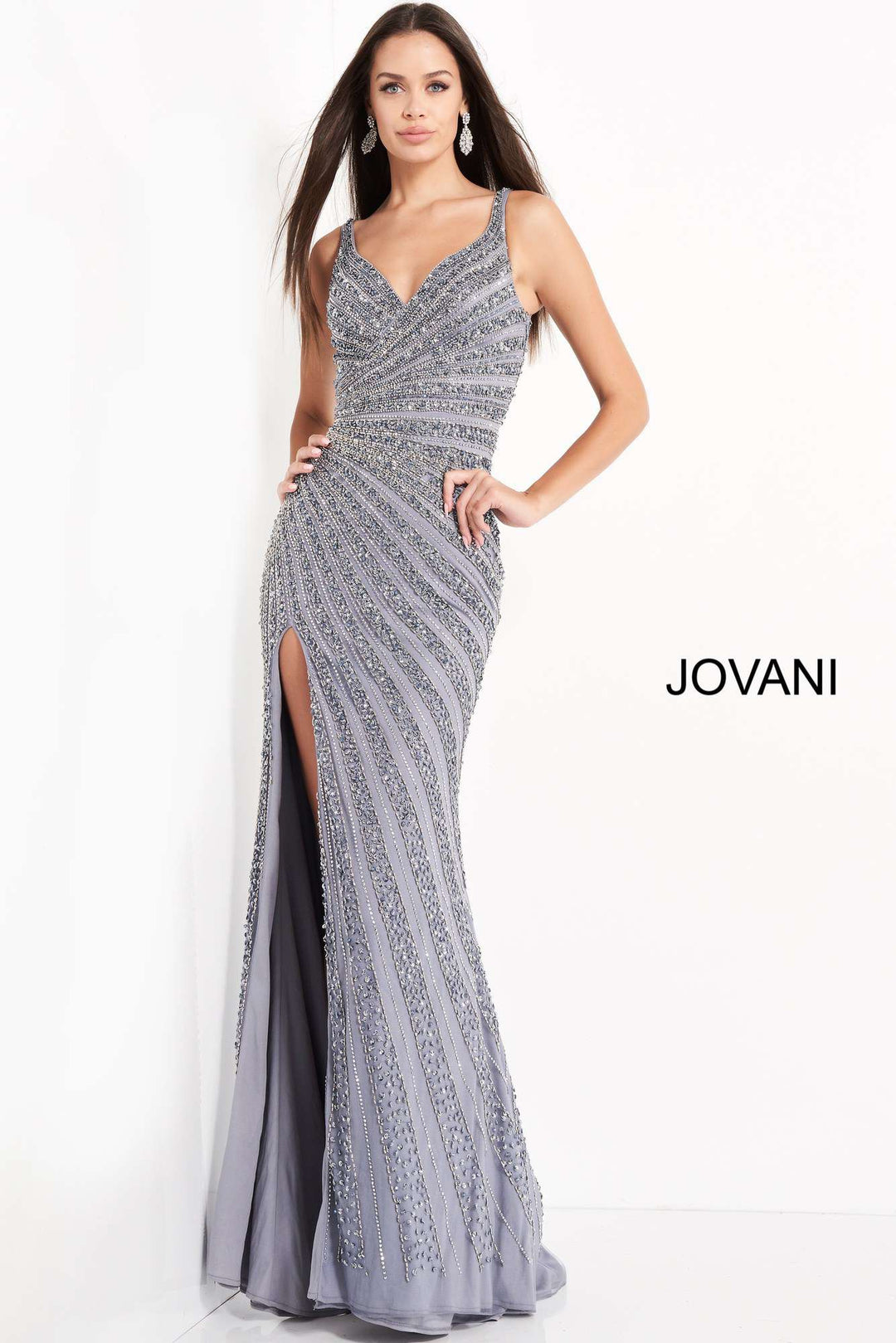 Smoke Beaded High Slit Prom Dress Jovani 04539 - Morvarieds Fashion