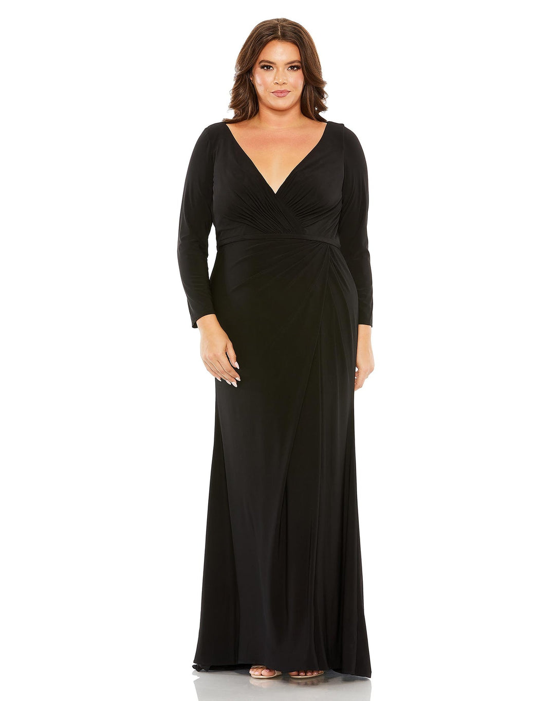 Long Sleeve V Neck Faux Wrap Gown | Mac Duggal 68442 - Morvarieds Fashion