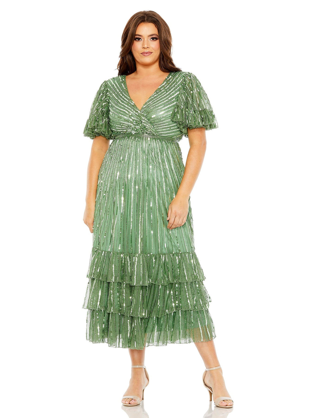 Beaded Faux Wrap Flutter Sleeve Ruffle Dress | Mac Duggal 5785 - Morvarieds Fashion