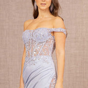 Glitter Sheer Bodice Off Shoulder Mermaid Sheer Slit Elizabeth K Dress GL3162 - Morvarieds Fashion