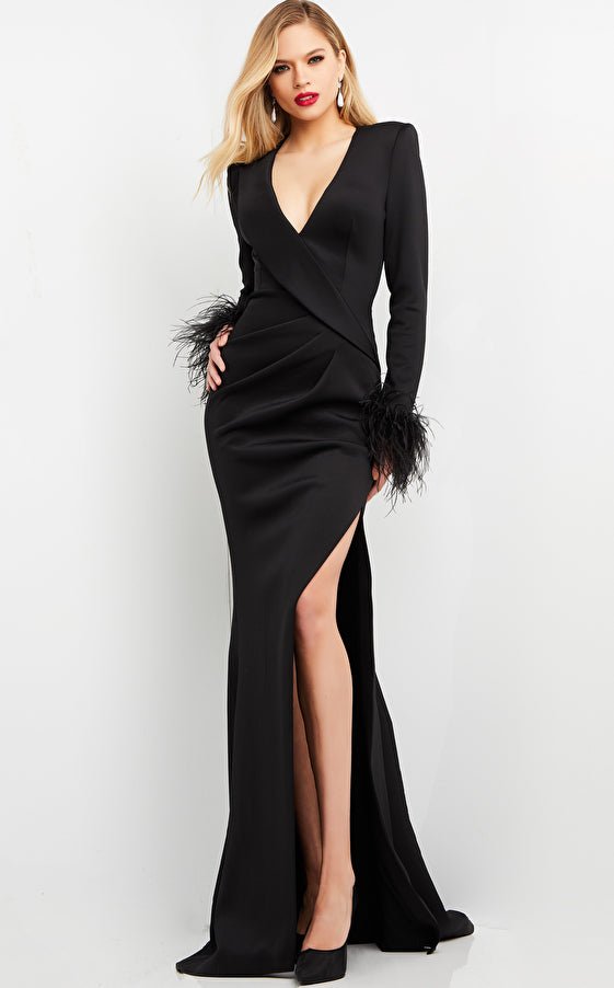 Black V Neck High Slit Evening Dress Jovani 04501 - Morvarieds Fashion